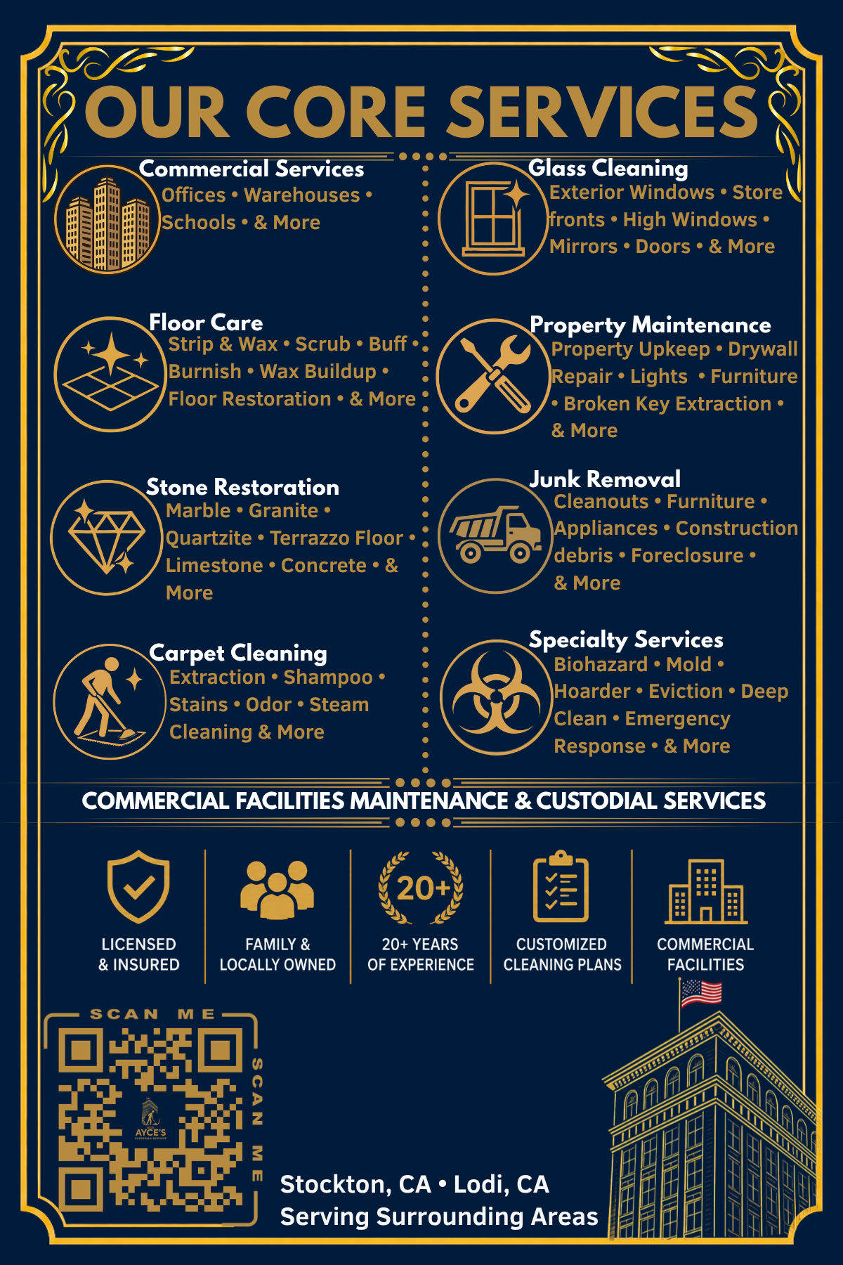 Back of Ayce's Custodian Services business card showing core services